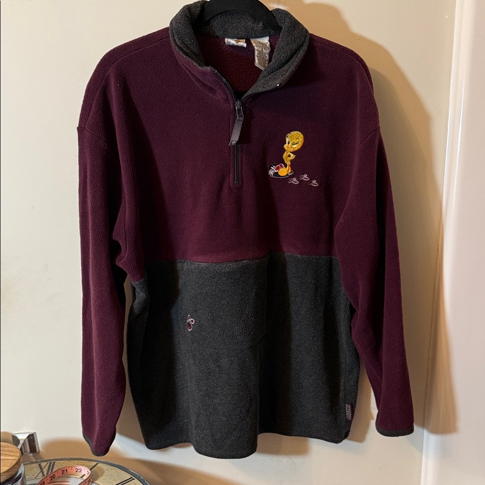 Vintage Men's Looney Tunes Two-Tone Half-Zip Fleece Sweater - Maroon & Charcoal